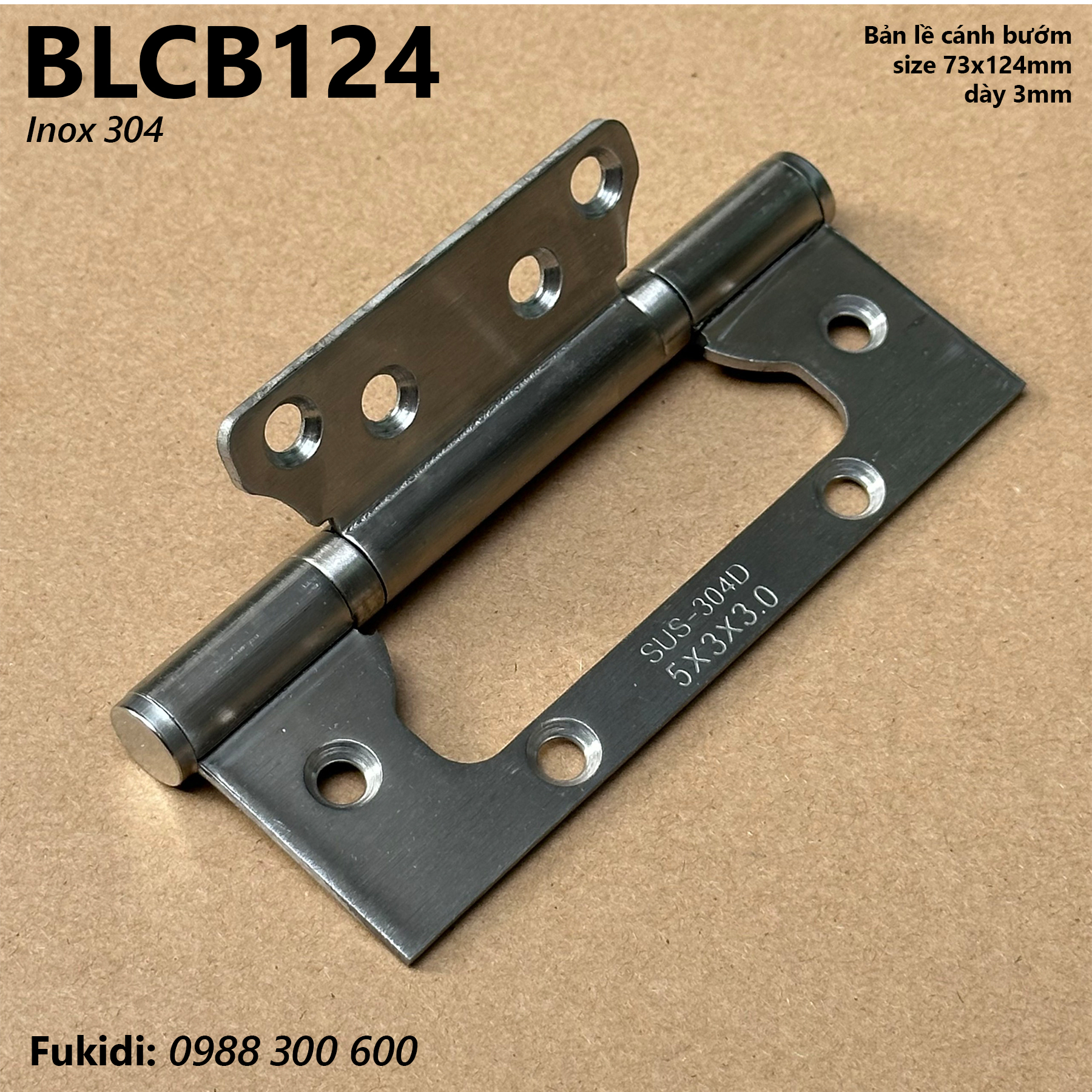 Bản lề cánh bướm inox 304, size 73x124mm, dày 3mm - BLCB124