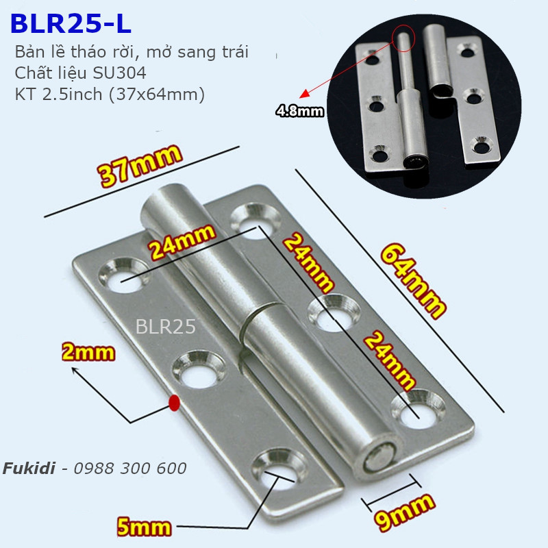 Bản lề tháo rời, SU304 KT 2.5inch (37x64mm) dày 2mm - BLR25
