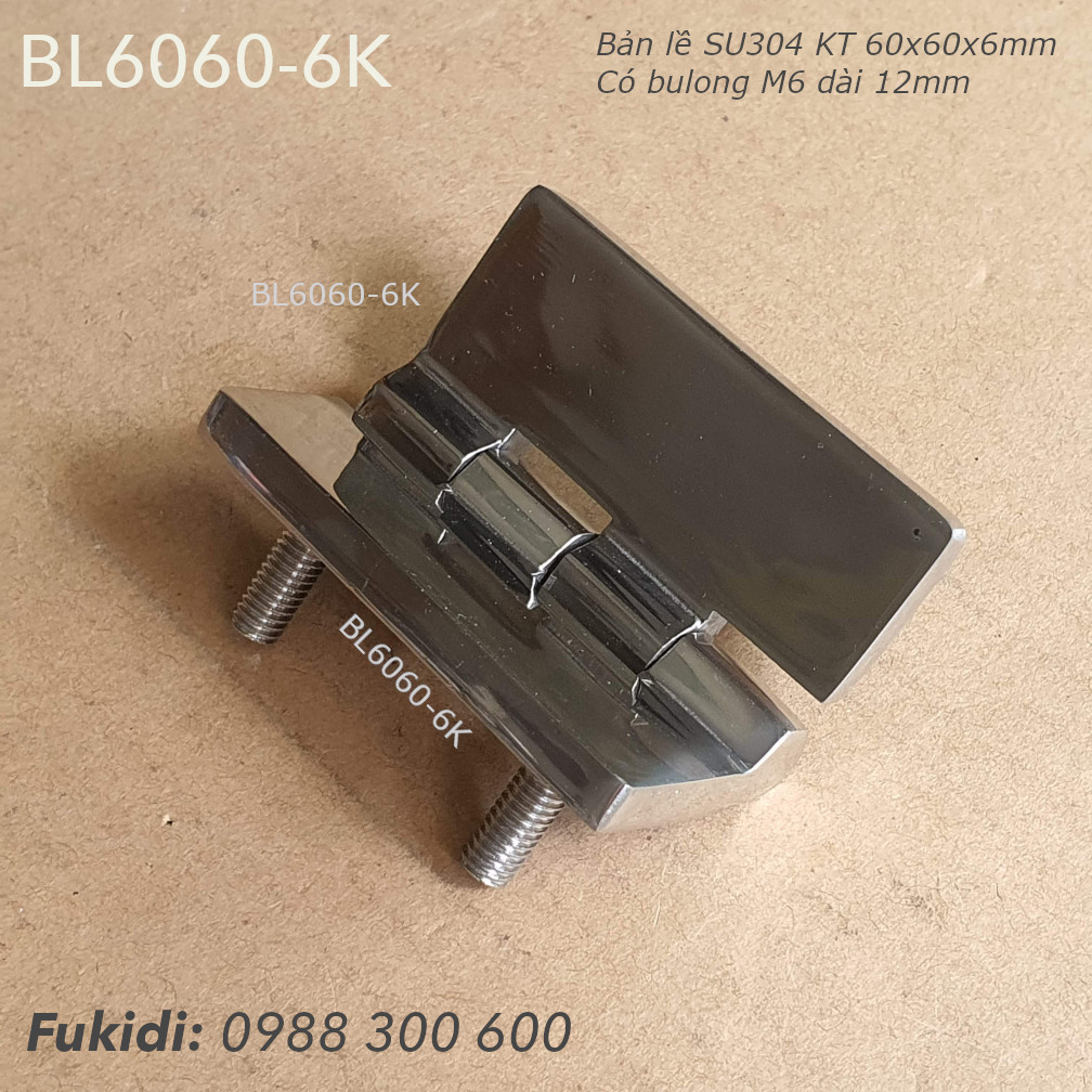 Bản lề SU-304 KT 60x60 dày 6mm, gắn sẵn bulong M6 dài 12mm - BL6060-6K