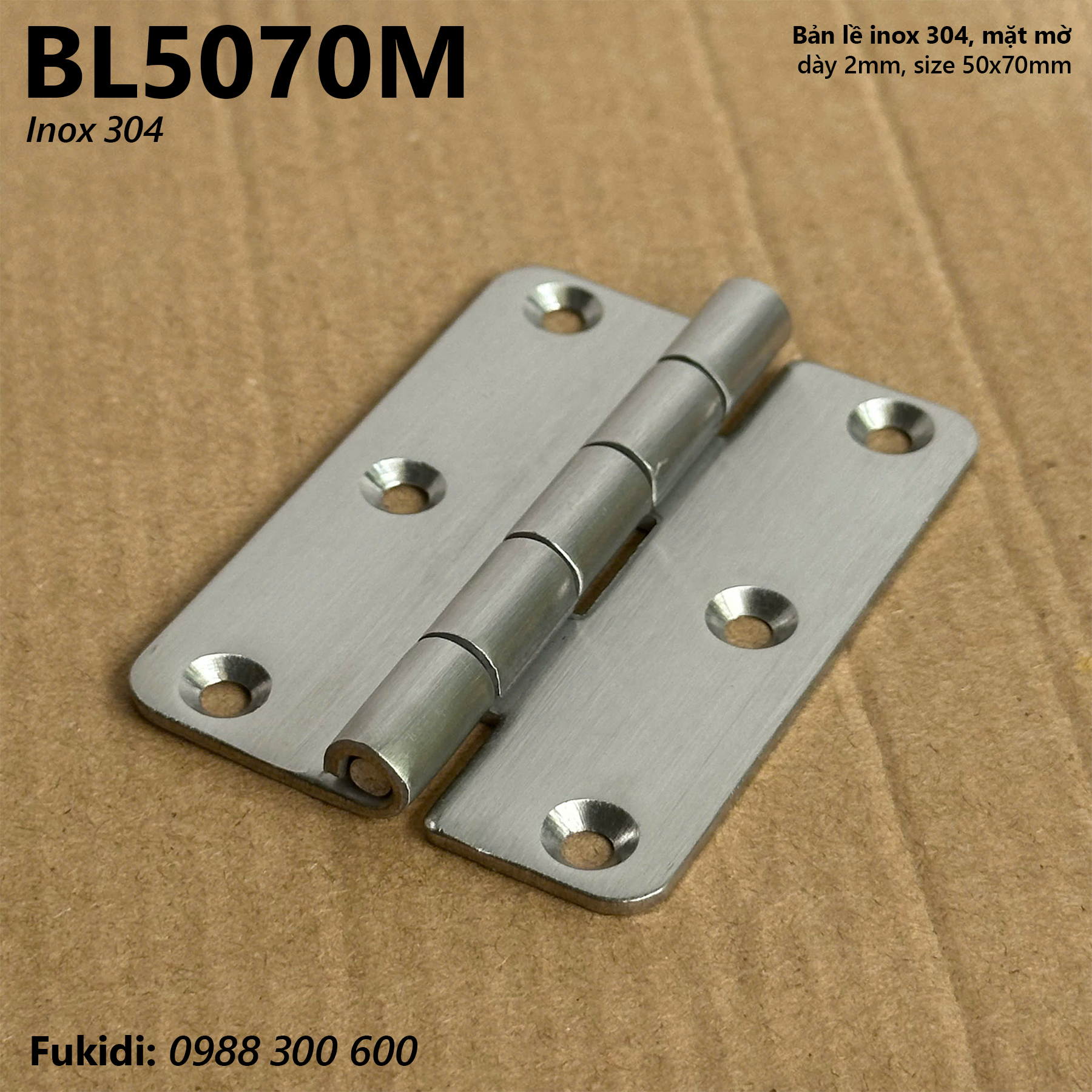 Bản lề inox 304, size 50x70mm, dày 2mm, mặt mờ - BL5070M