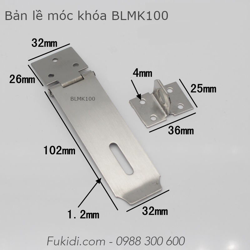 Bản lề móc khóa inox 201, KT 32x102mm, dày 1.2mm - BLMK100