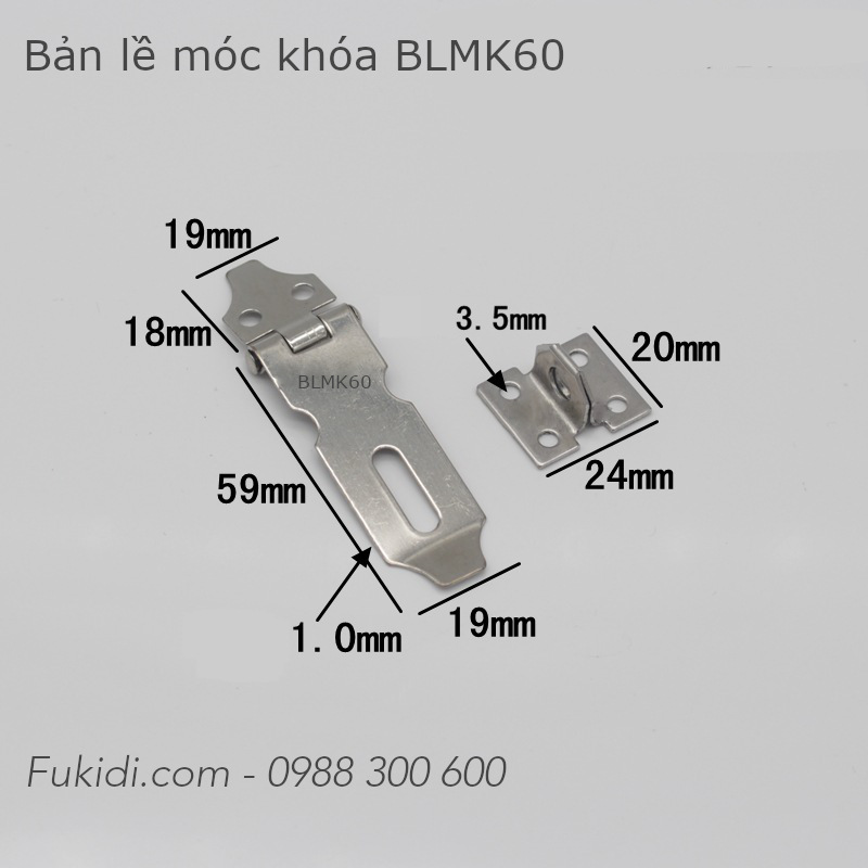 Bản lề móc khóa inox 201, KT 19x59mm, dày 1.2mm - BLMK60