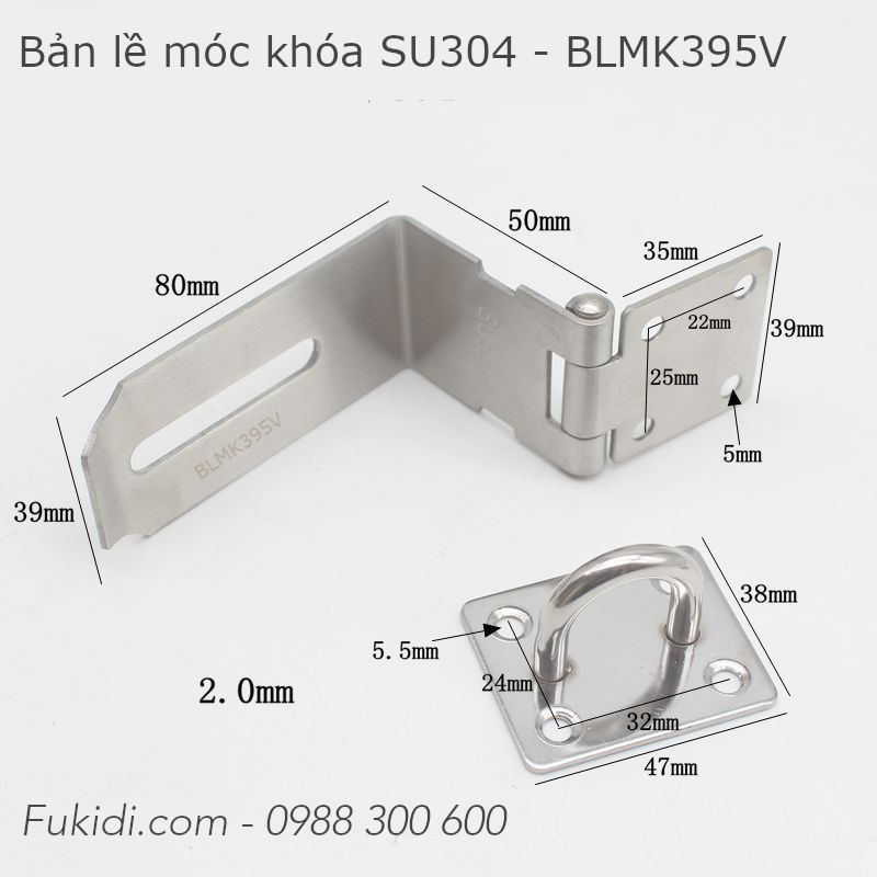 Bản lề móc khóa góc vuông inox 304, 5 inch, dày 2mm - BLMK395V