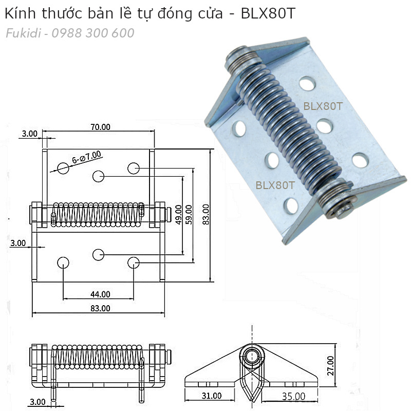 Bản lề tự đóng cửa loại lớn, thép mạ kẽm, dài 83mm - BLX80T