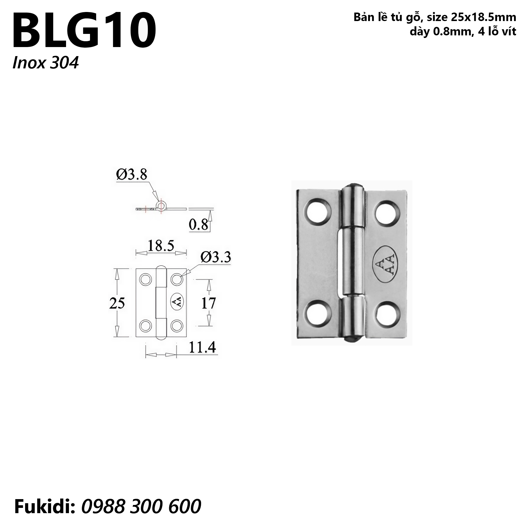 Bản lề tủ gỗ inox 304, kích thước 25x18.5mm, dày 0.8mm - BLG10