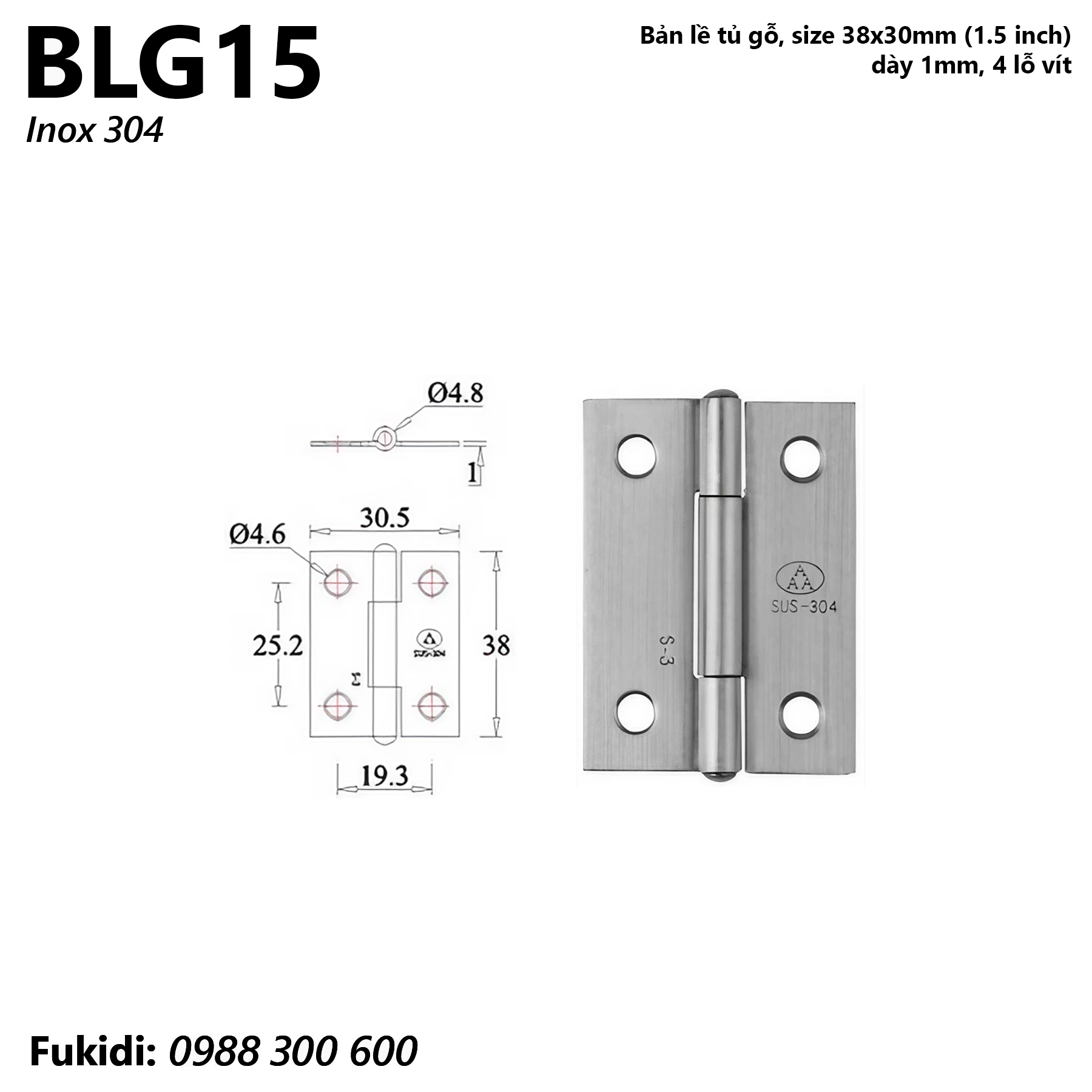 Bản lề tủ gỗ inox 304, kích thước 38x30.5mm, dày 1.0mm - BLG15