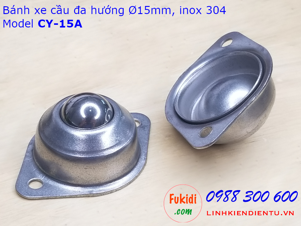 Bánh xe bi cầu inox 304, Ø15mm size 21x50mm tải trọng 15kg model CY-15A