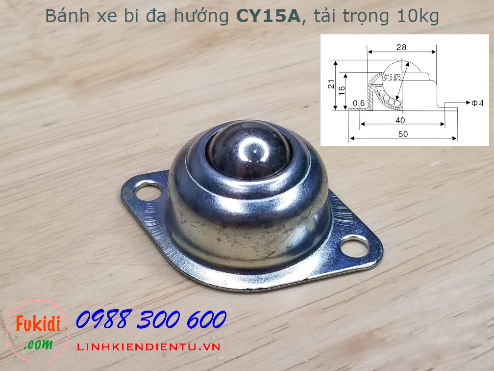 Bánh xe bi đa hướng bằng thép CY-15A, phi 15mm, tải trọng 10kg -CY15AT