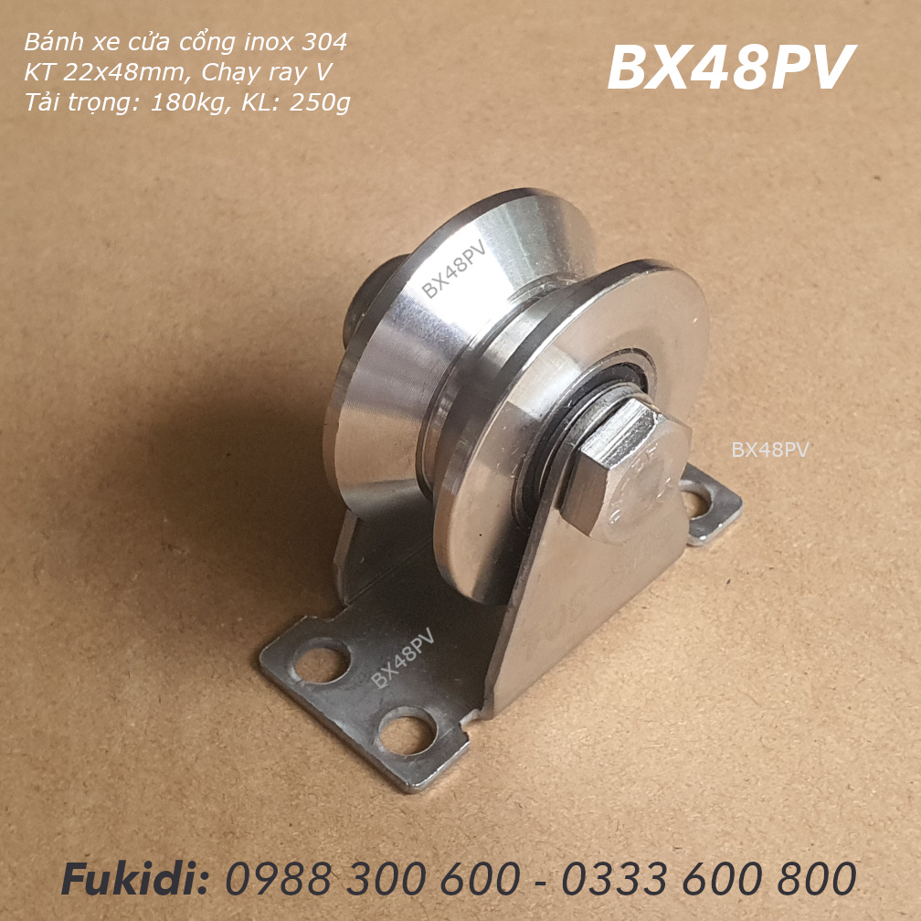 Bánh xe cửa cổng inox 304 KT 22x48, ray V, tải trọng 180kg  - BX48PV