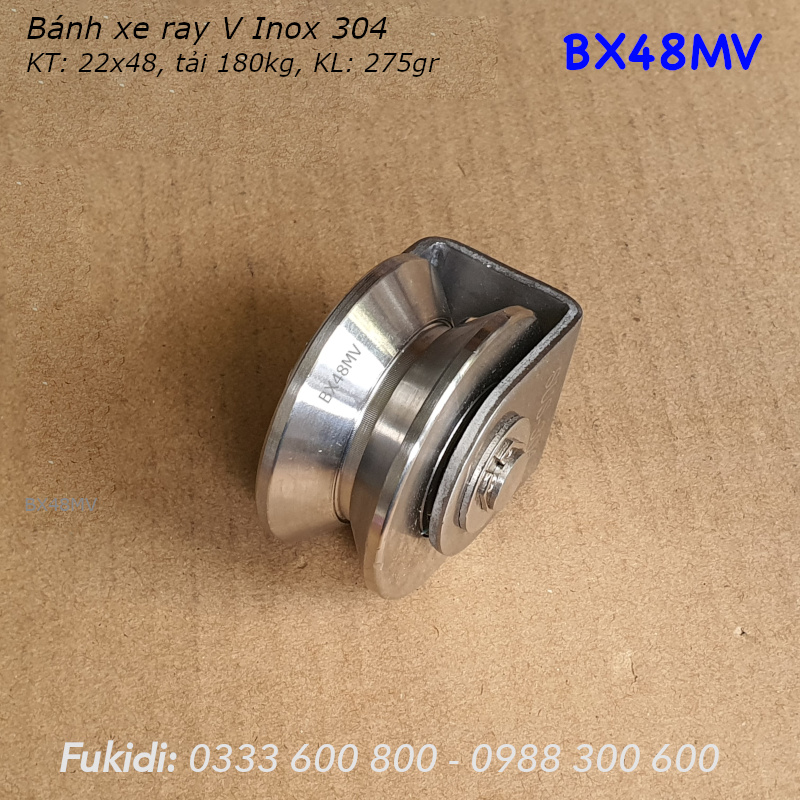 Bánh xe cửa cổng Inox 304, KT 22x48mm, chạy ray V, tải trọng tối đa 180kg - BX48MV