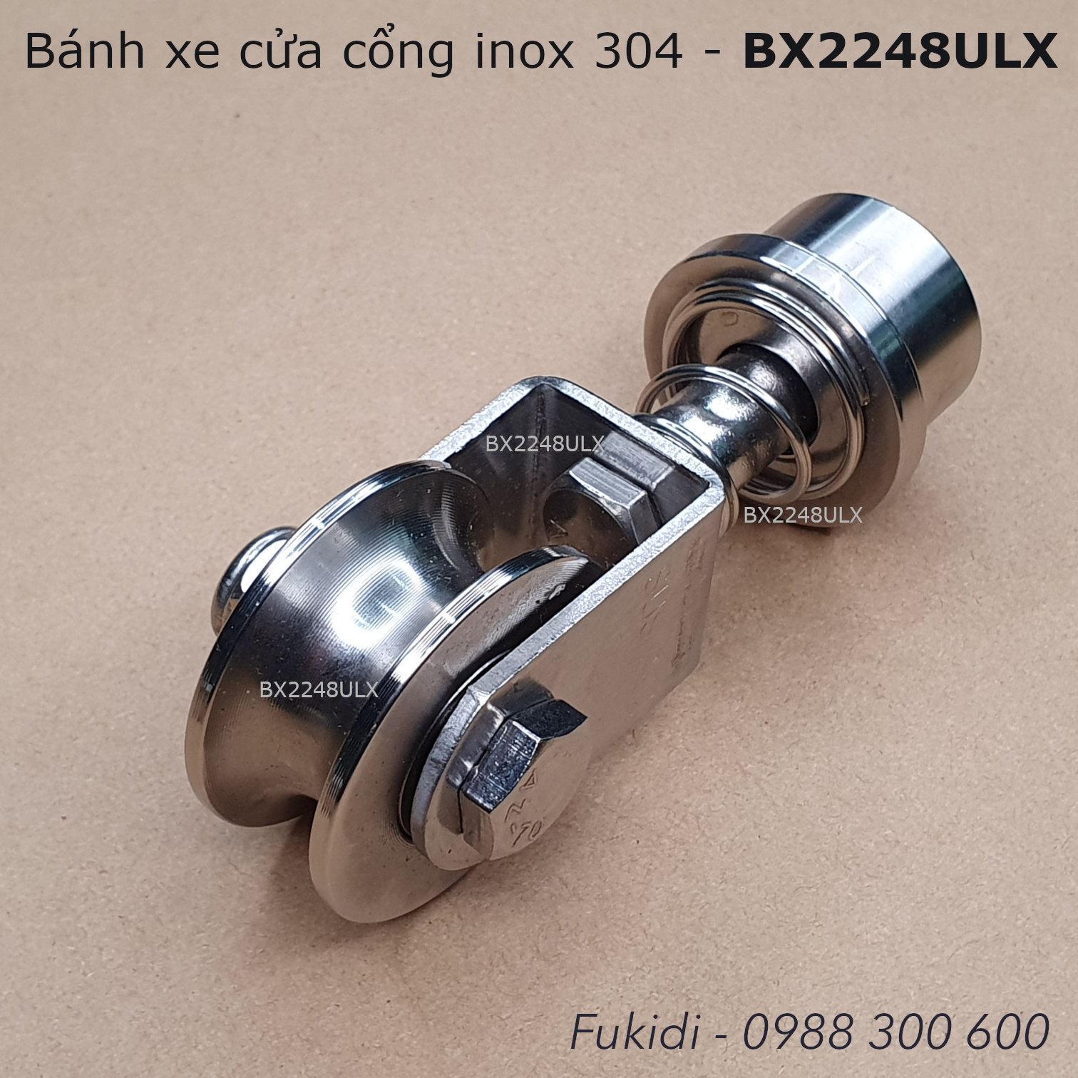 Bánh xe inox 304, ray tròn phi 16, xoay 306 độ, có lò xo giảm chấn, tải trọng 200kg - BX2248ULX