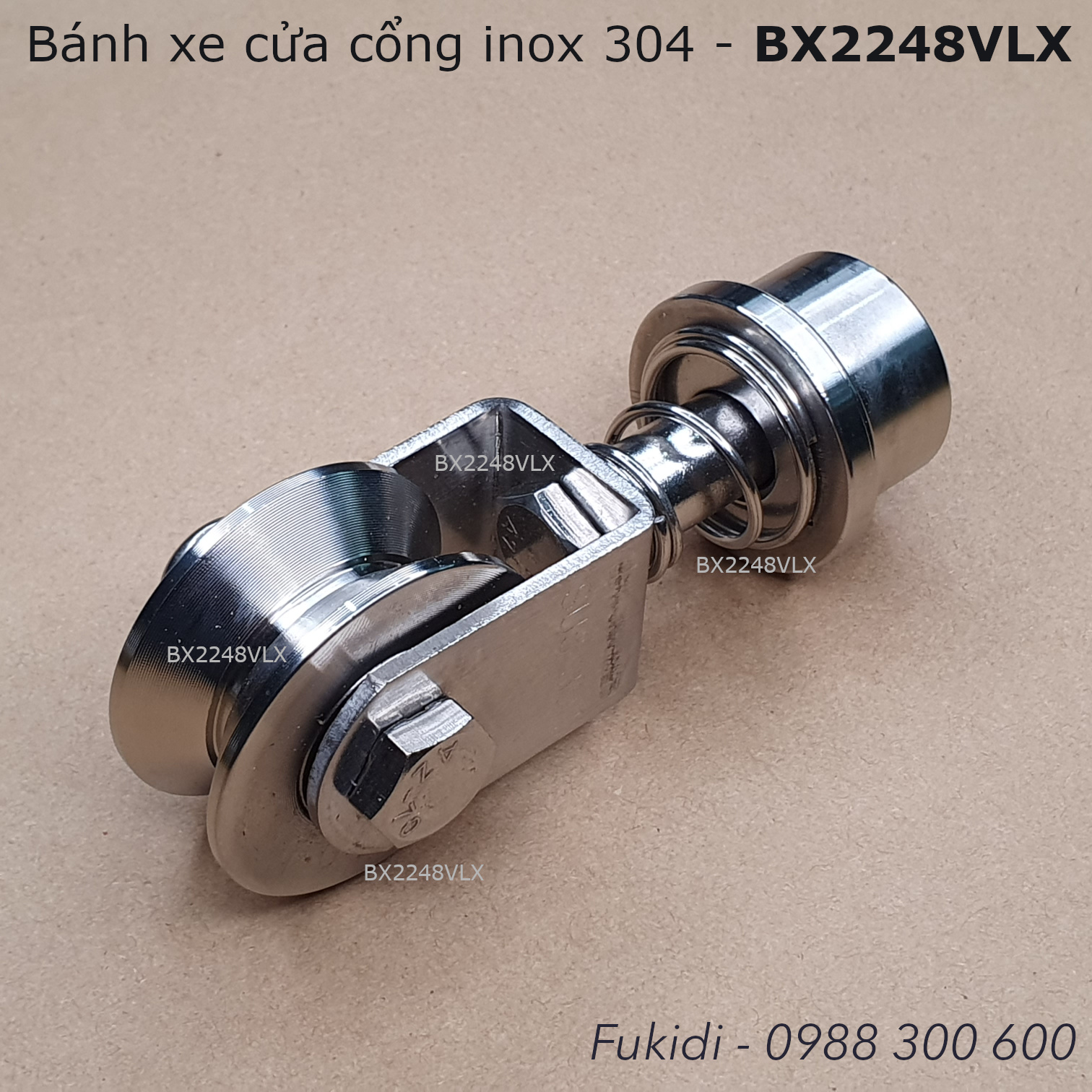 Bánh xe inox 304, ray V, xoay 306 độ, có lò xo giảm chấn, tải trọng 200kg - BX2248VLX