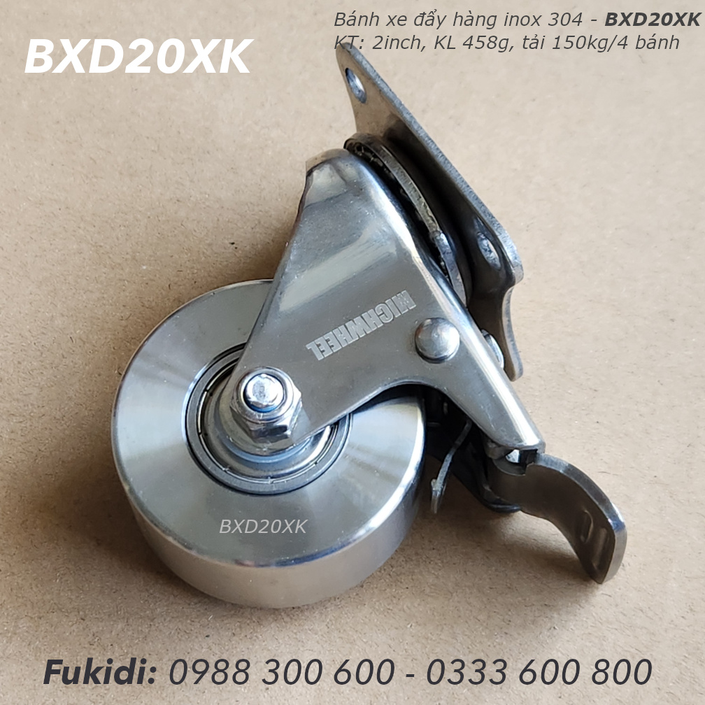 Bánh xe inox 304, chịu nhiệt cao, tải 150kg bốn bánh, KT 2 inch - BXD20XK