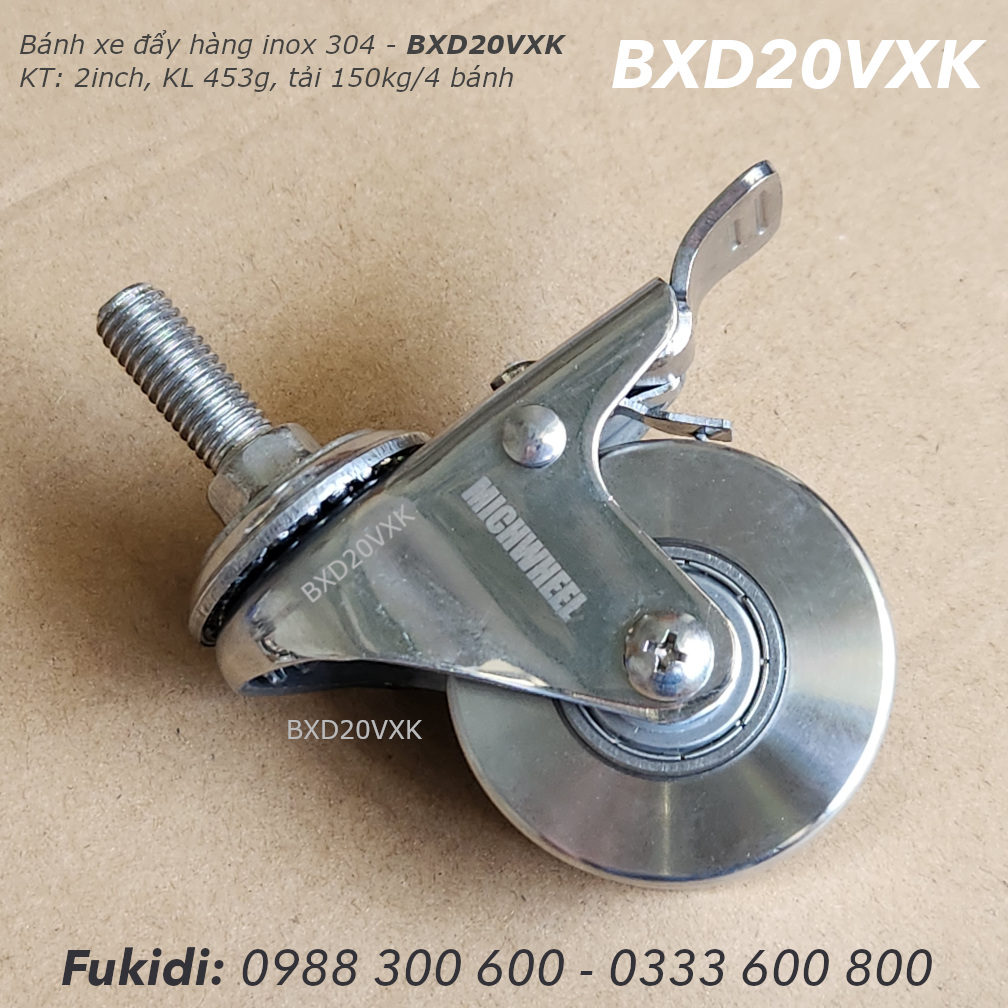 Bánh xe đẩy inox 304, trục vít xoay, tải 150kg cho bốn bánh, KT 22x50mm - BXD20VXK