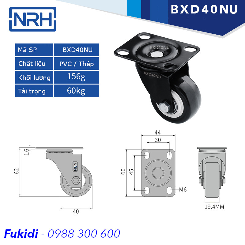 Bánh xe đẩy hàng, phi 40mm, xoay 360 độ, chất liệu nhựa PVC và thép - BXD40NU