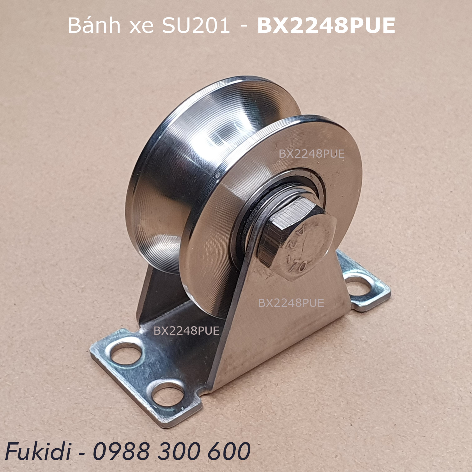 Bánh xe inox 201 chạy trên ray tròn phi 16mm, KT 22x48mm tải trọng 200kg - BX2248PUE