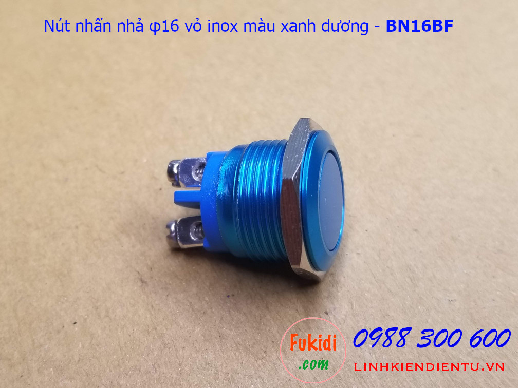 Nút nhấn nhả φ16mm vỏ inox màu xanh dương đầu bằng - BN16BF