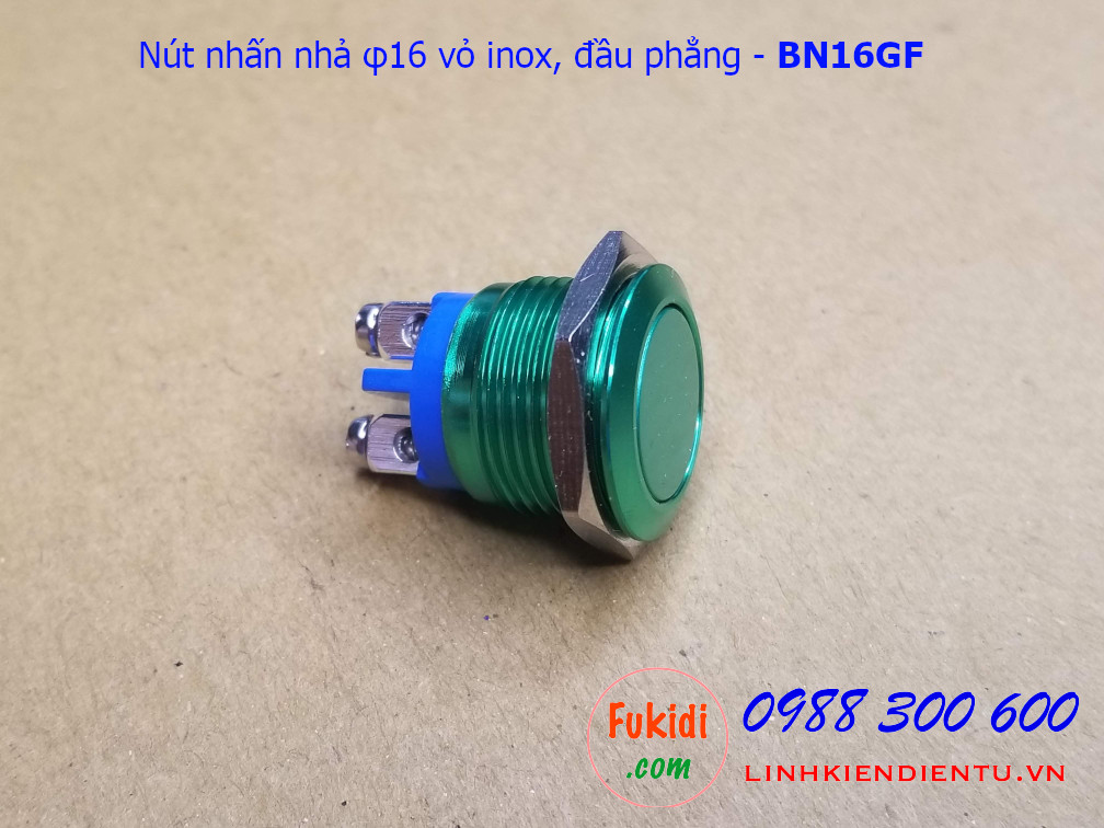 Nút nhấn nhả φ16mm vỏ inox màu xanh lá đầu bằng - BN16GF