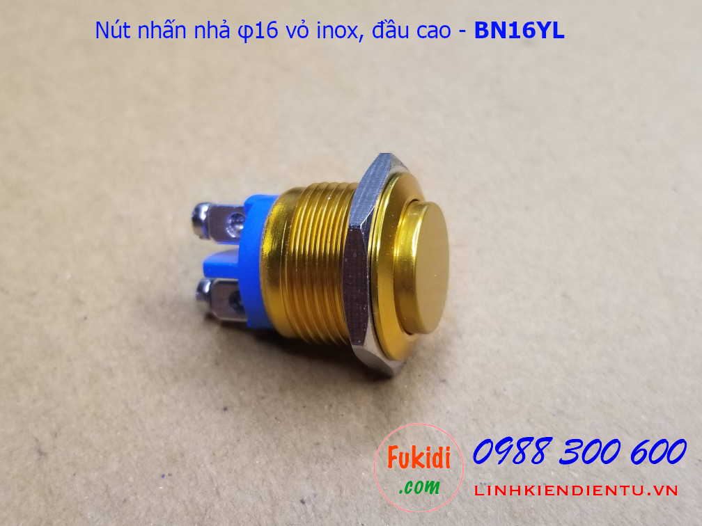 Nút nhấn nhả φ16mm vỏ inox màu vàng đầu cao - BN16YL