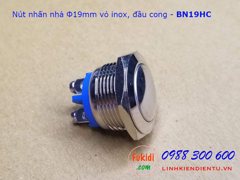 Nút nhấn nhả phi 19mm vỏ inox, hai chân, đầu nút cong - BN19HC