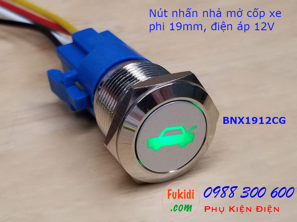 Nút nhấn nhả phi 19mm đèn hình mở cốp xa màu xanh lá điện áp 12V - BNX1912CG
