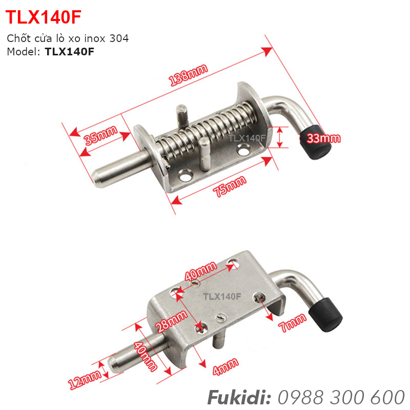 Chốt cửa lò xo tự giữ, inox 304, M12 dài 138mm - TLX140F