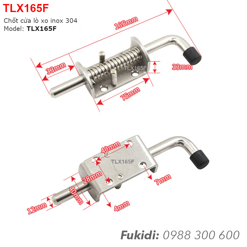 Chốt cửa thùng xe, chốt lò xo tự giữ, SU304, M12 dài 165mm - TLX165F