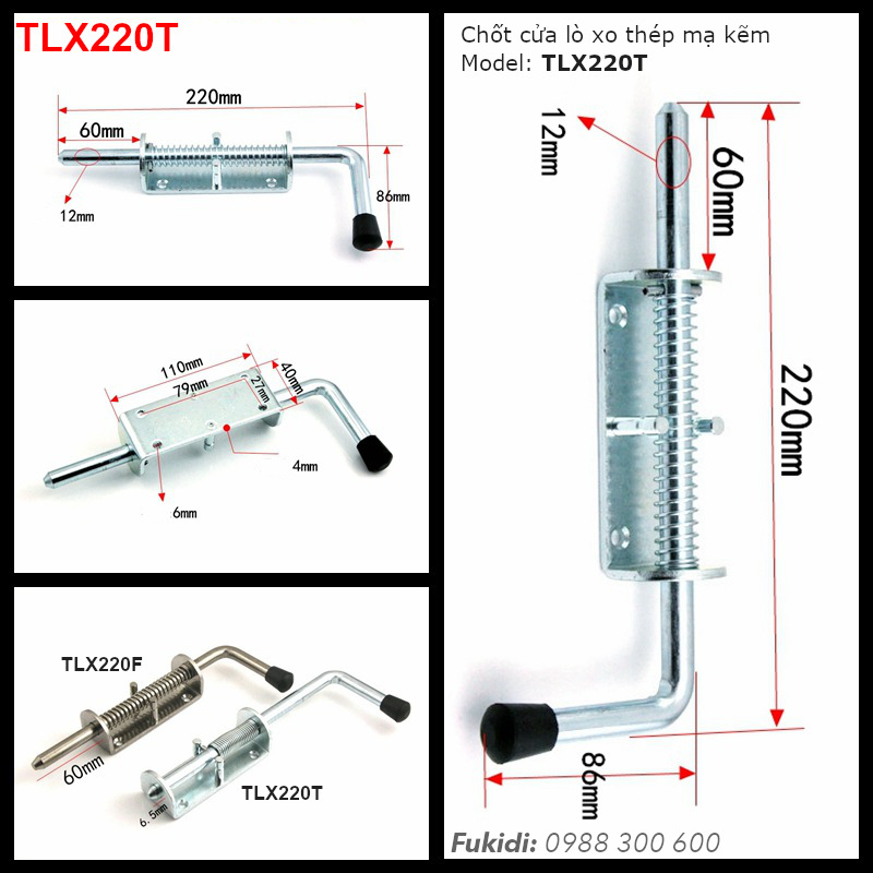 Chốt cửa lò xo tự giữ, thép mạ kẽm, M12 dài 220mm - TLX220T