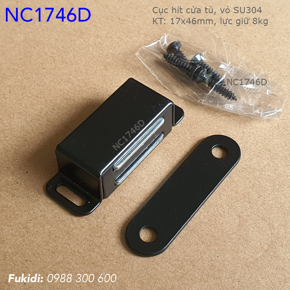 Cục hít cừa nhôm, inox 304 KT 17x46mm, lực giữ 8kg, màu đen mờ - NC1746D