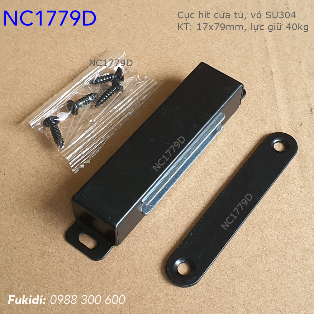 Cục hít cừa nhôm, inox 304 KT 17x79mm, lực giữ 40kg, màu đen mờ - NC1779D