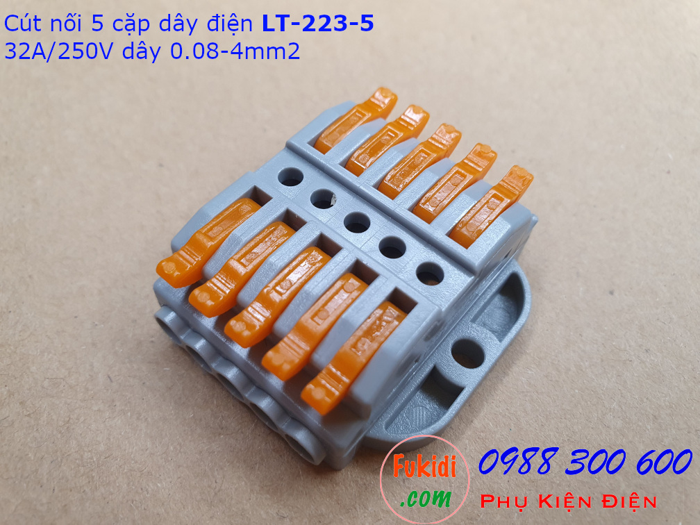 Cút nối dây LT-223-5 có vít dùng nối năm cặp dây 0.08-4mm2 với nhau công suất 32A/250V