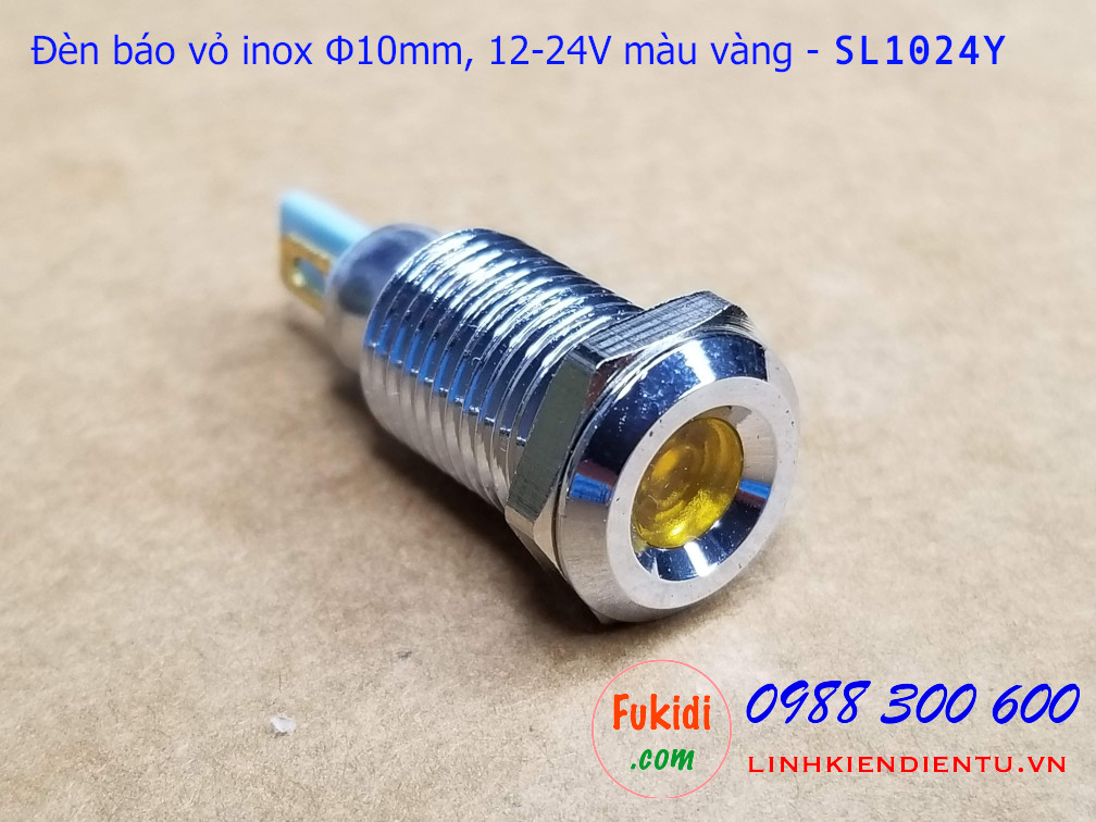 Đèn báo tín hiệu Φ10mm vỏ inox chống thấm, điện áp 12-24v màu vàng - SL1024Y