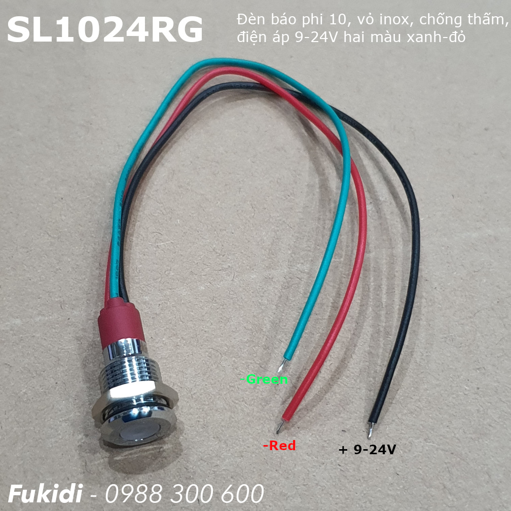 Đèn báo tín hiệu 9-24V, phi 10, vỏ inox chống thấm, hai màu xanh và đỏ - SL1024RG