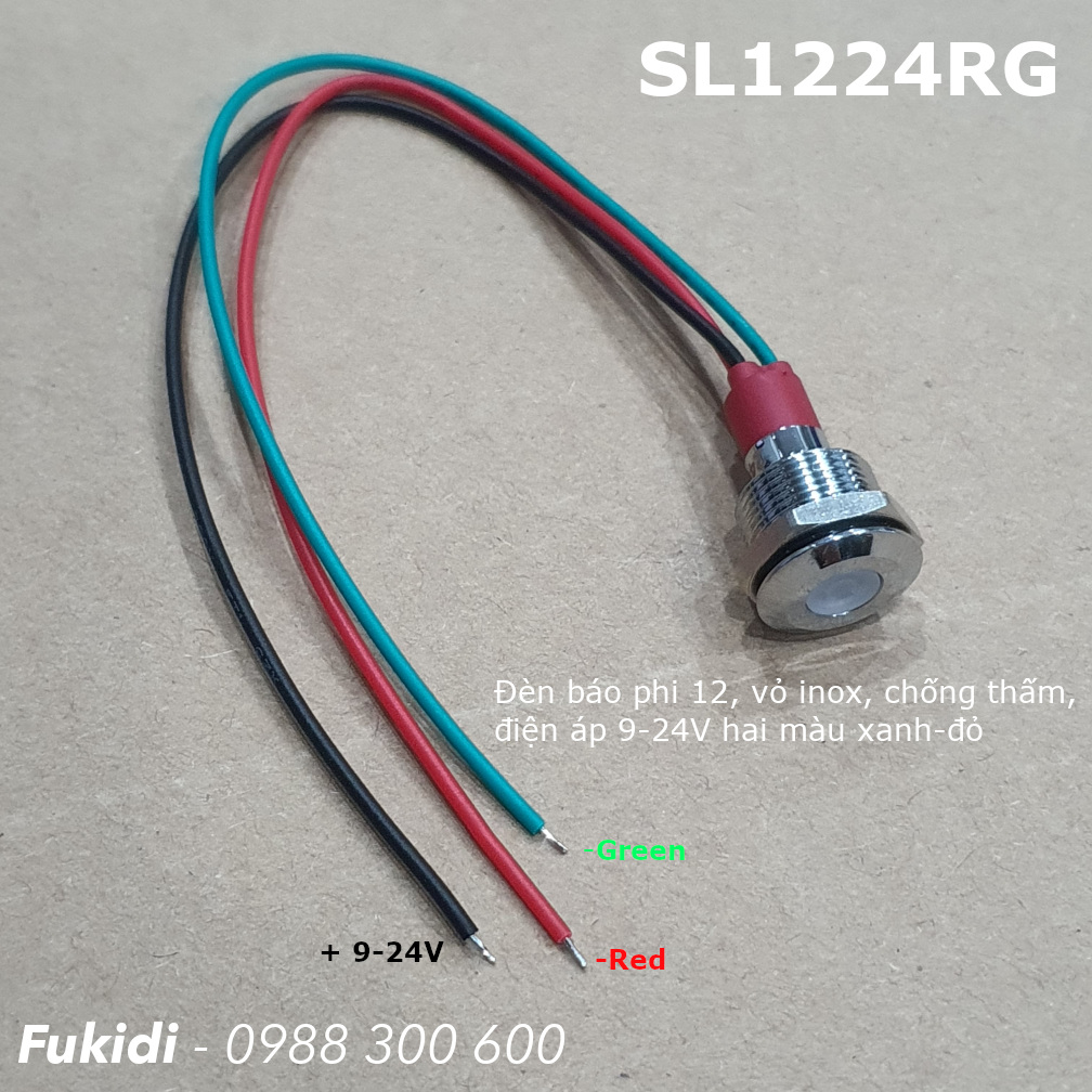 Đèn báo tín hiệu 9-24V, phi 12, vỏ inox chống thấm, hai màu xanh và đỏ - SL1224RG