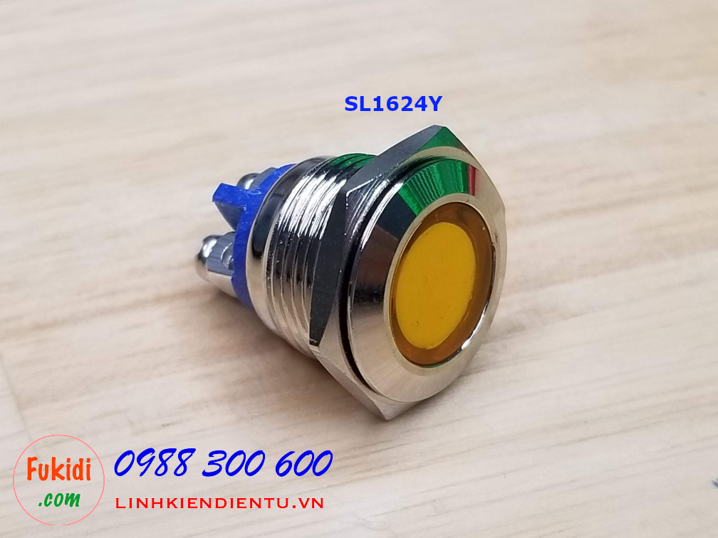 Đèn LED báo 24V phi 16mm vỏ kim loại màu vàng SL1624Y
