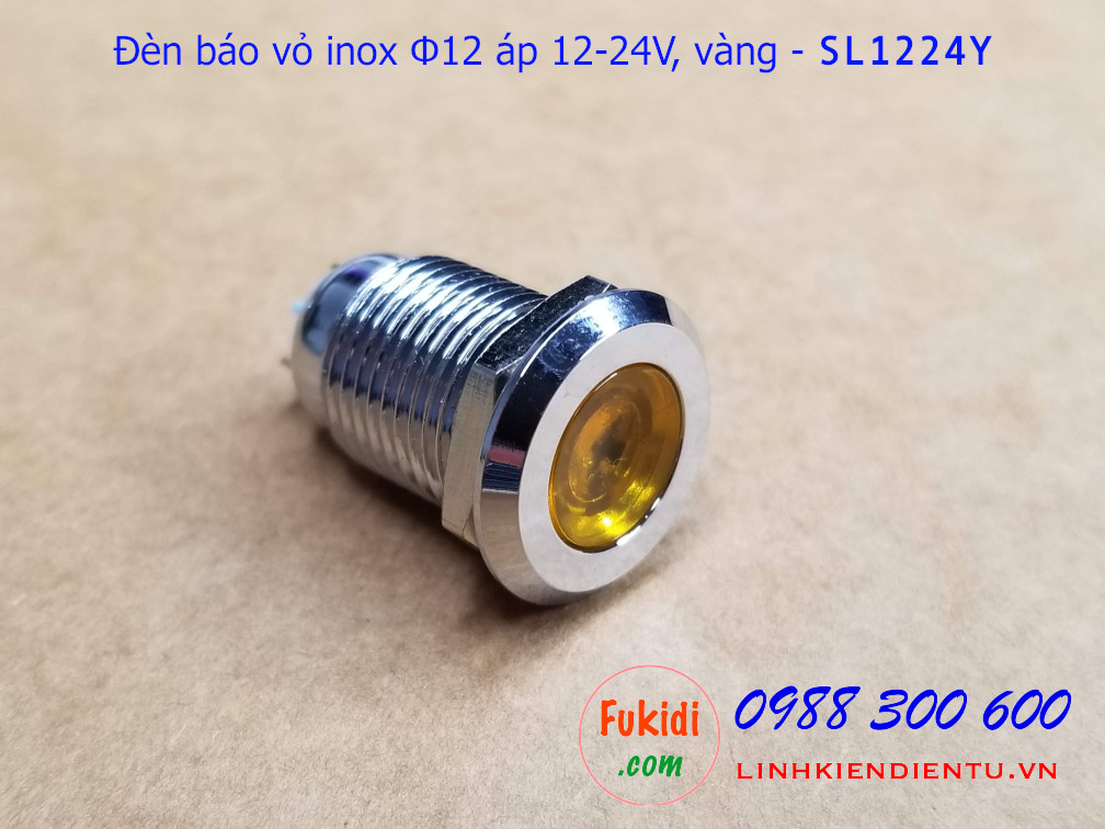 Đèn báo tín hiệu Φ12mm vỏ inox chống thấm, 12-24v màu vàng - SL1224Y