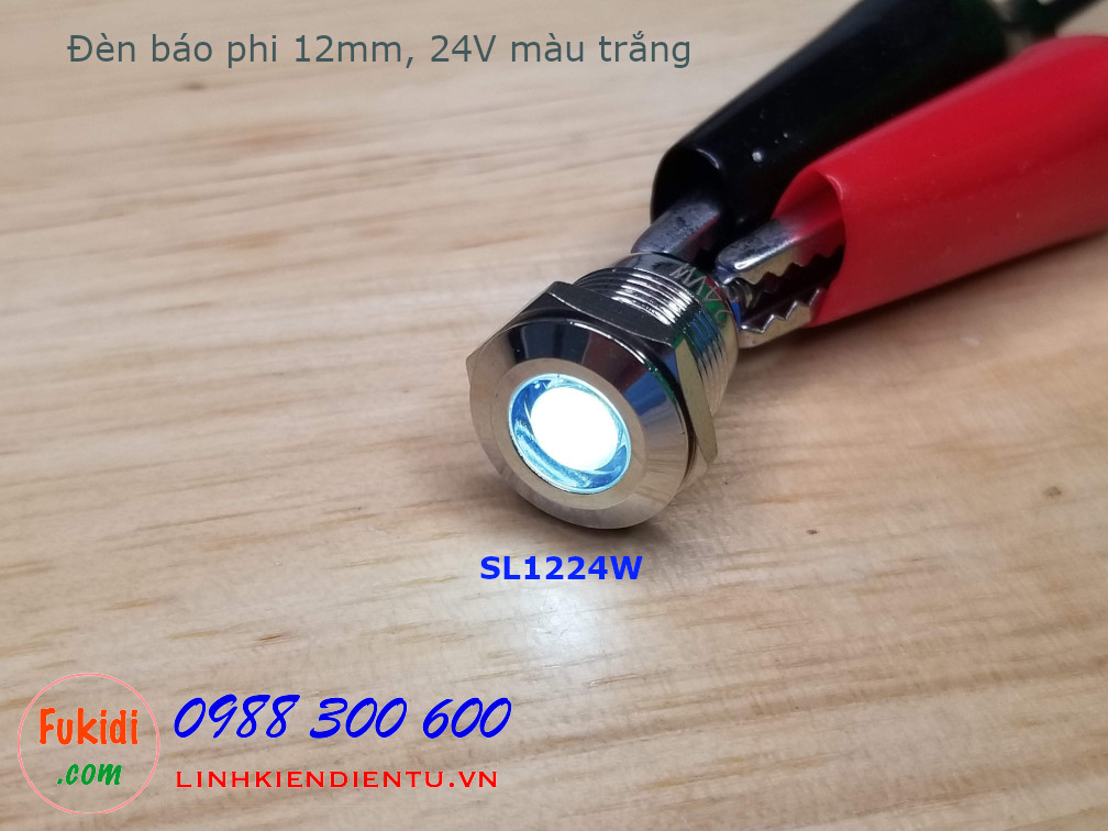 Đèn LED báo nguồn phi 12mm vỏ kim loại, 12-24V màu trắng SL1224W