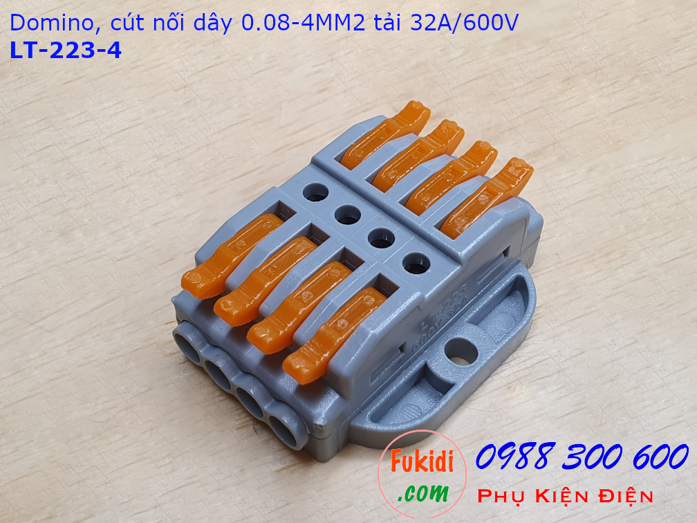 Domino 4P, cút nối dây 4 chân LT-223-4 nối 4 cặp dây 0.08-4mm2, công suất 32A/600V