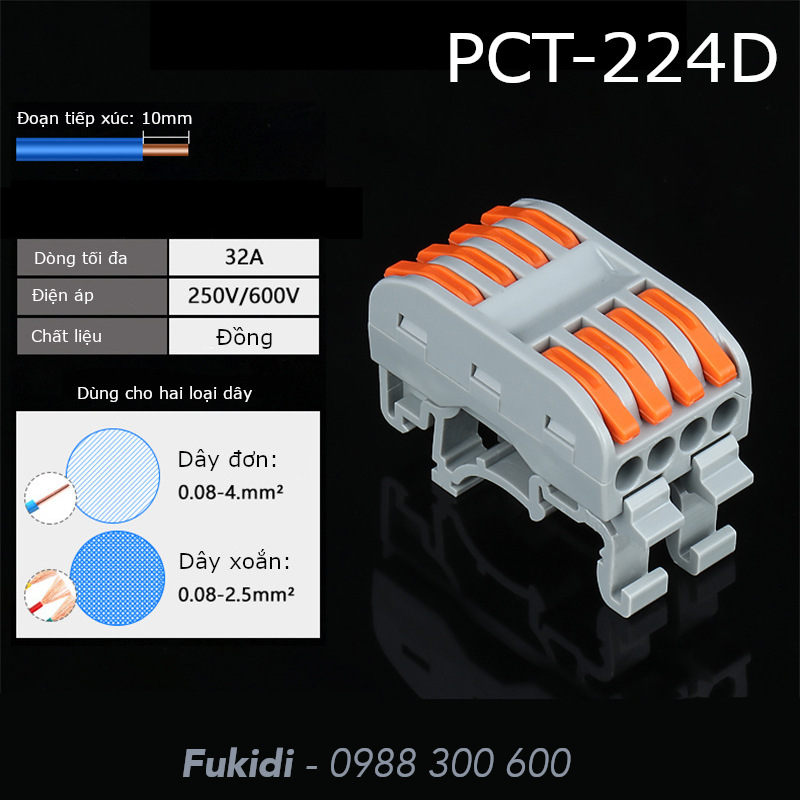 Domino kẹp gắn ray tủ điện 32A/250V dây 0.08-4mm2 bốn chân hai đầu - PCT-224D