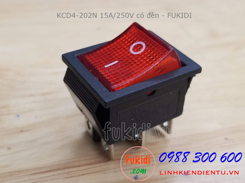 Công tắc nguồn KCD4-202N 15A/250V size 25.4x31mm có đèn LED sáng màu đỏ 