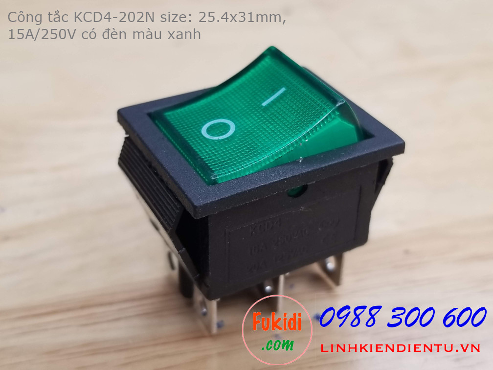 Công tắc nguồn KCD4-202N 15A/250V size 25.4x31mm có đèn LED sáng màu xanh