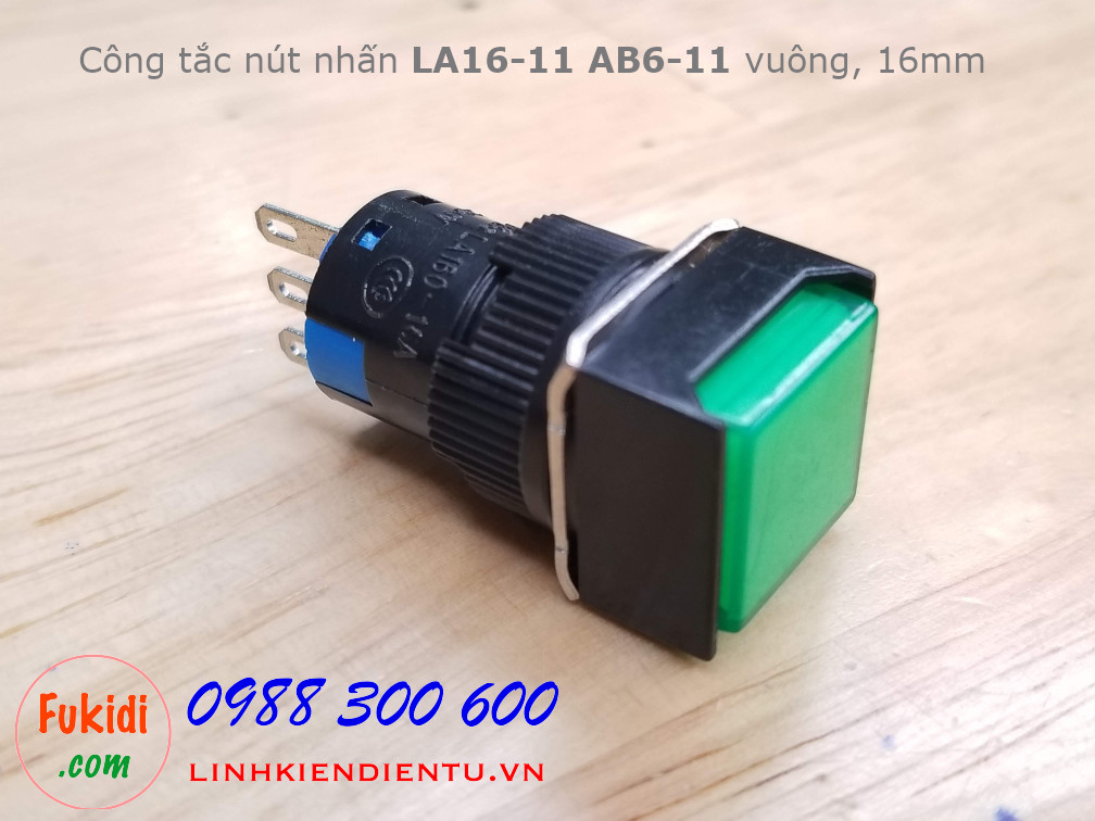 Nút nhấn nhả LA16-11BN/Y 5A/250VAC phi 16mm,  đầu vuông màu xanh - LA16SQG