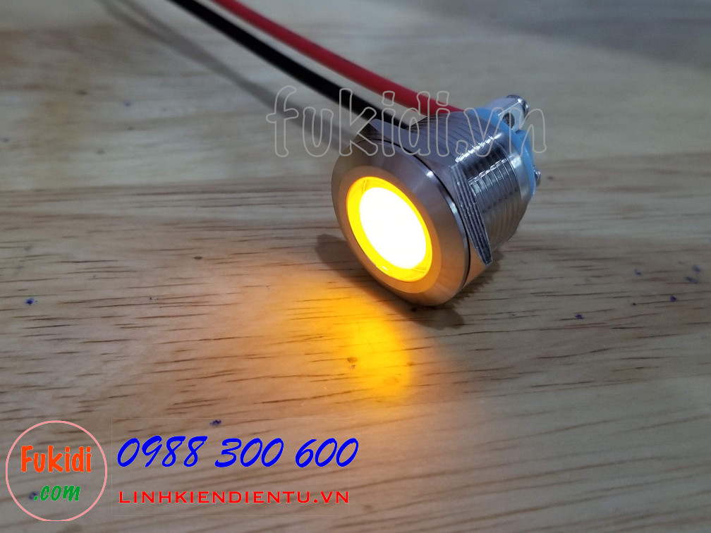 Đèn LED báo nguồn vỏ inox phi 19mm, điện áp 12-24V, màu vàng SL1924Y