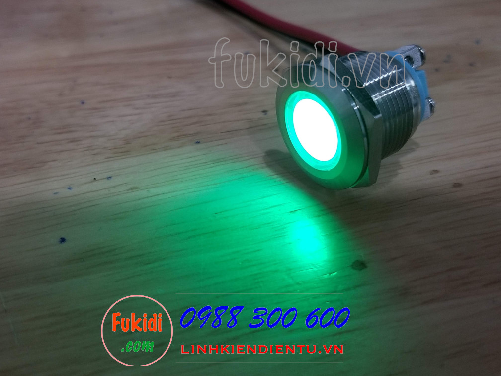 Đèn LED báo nguồn vỏ inox phi 19mm, điện áp 12-24V, màu xanh lá SL1924G