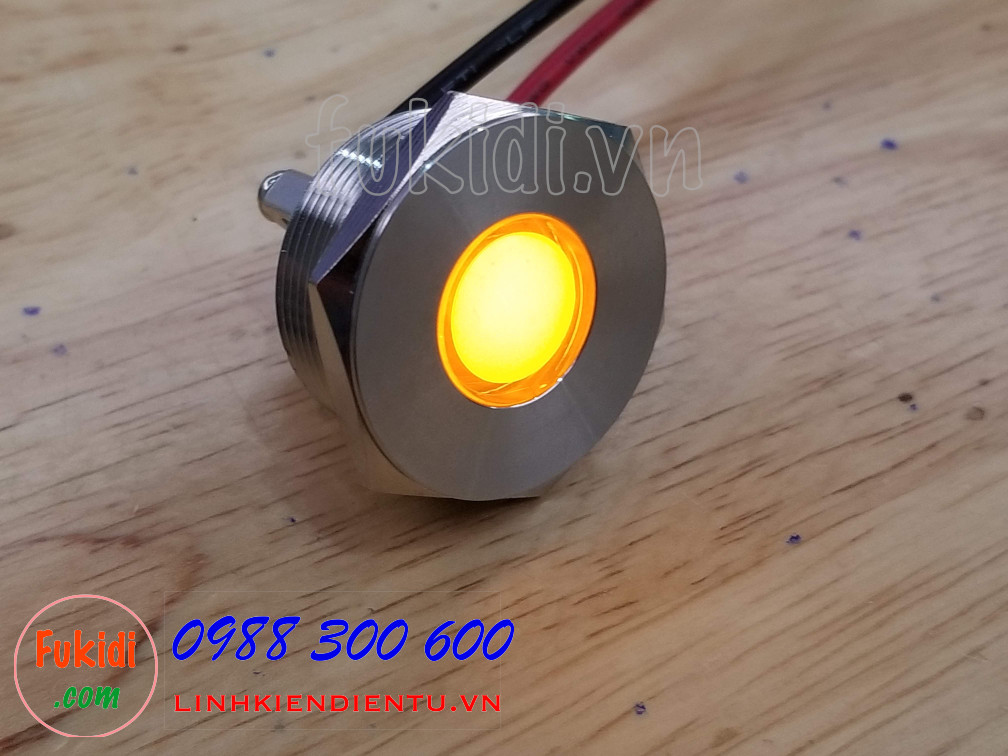 Đèn LED báo nguồn vỏ inox phi 25mm không thấm nước, điện áp 12V, màu vàng
