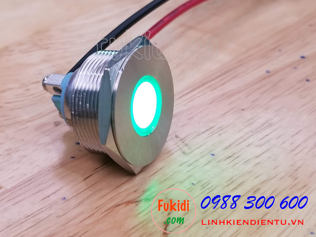 Đèn LED báo nguồn vỏ inox phi 25mm không thấm nước, điện áp 12V, màu xanh lá SL2512G