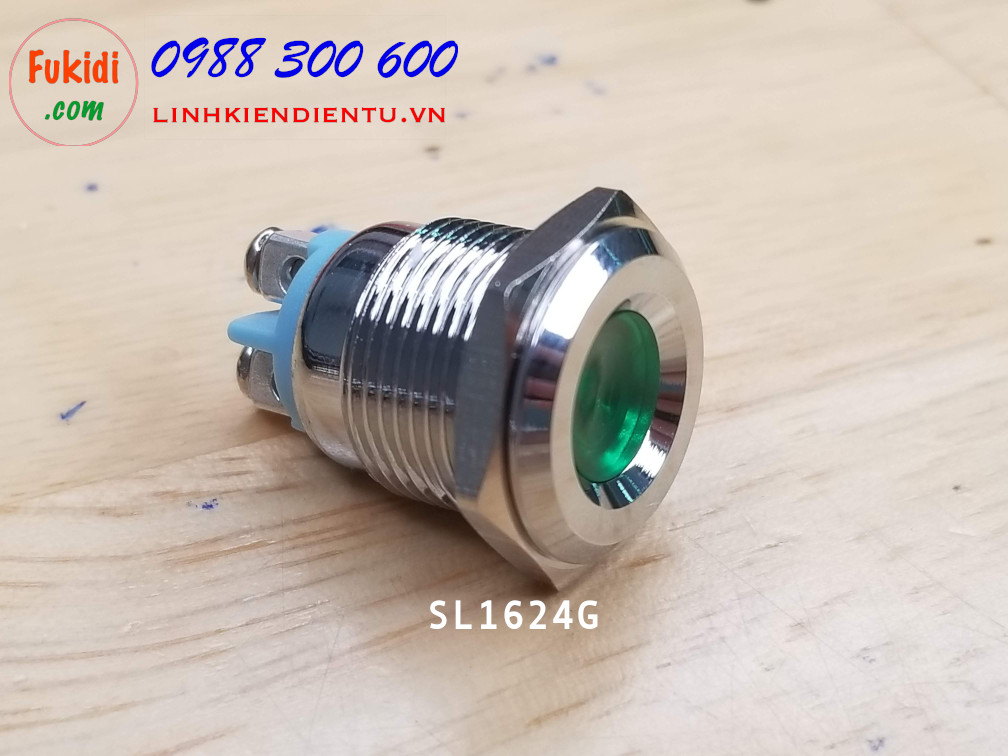 Đèn LED báo nguồn 24V, phi 16mm vỏ kim loại màu xanh lá SL1624G
