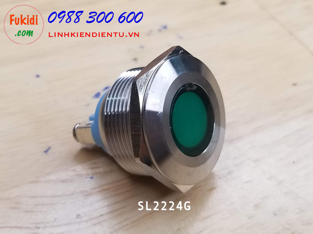 Đèn LED báo nguồn, báo tín hiệu vỏ kim loại, phi 22mm, 24V, màu xanh lá SL2224G