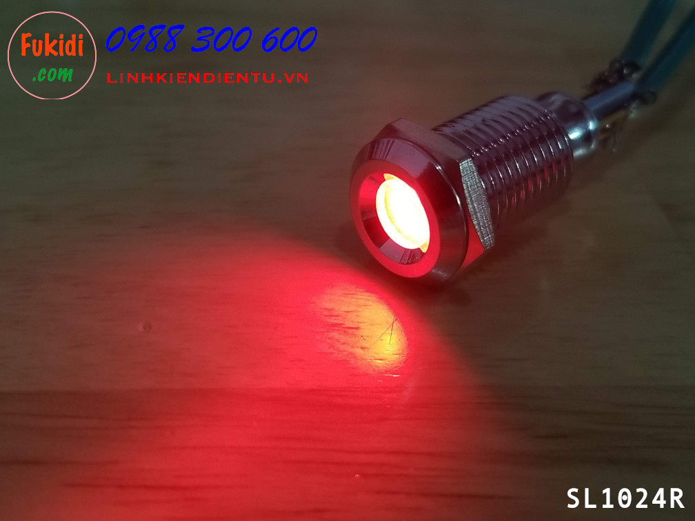 Đèn LED báo nguồn 24V, phi 10mm vỏ kim loại màu đỏ SL1024R