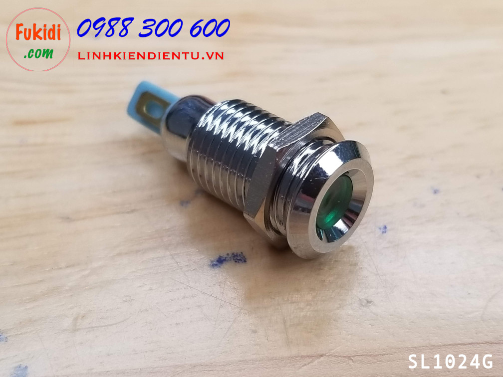 Đèn LED báo nguồn 24V, phi 10mm vỏ kim loại màu xanh lá SL1024G
